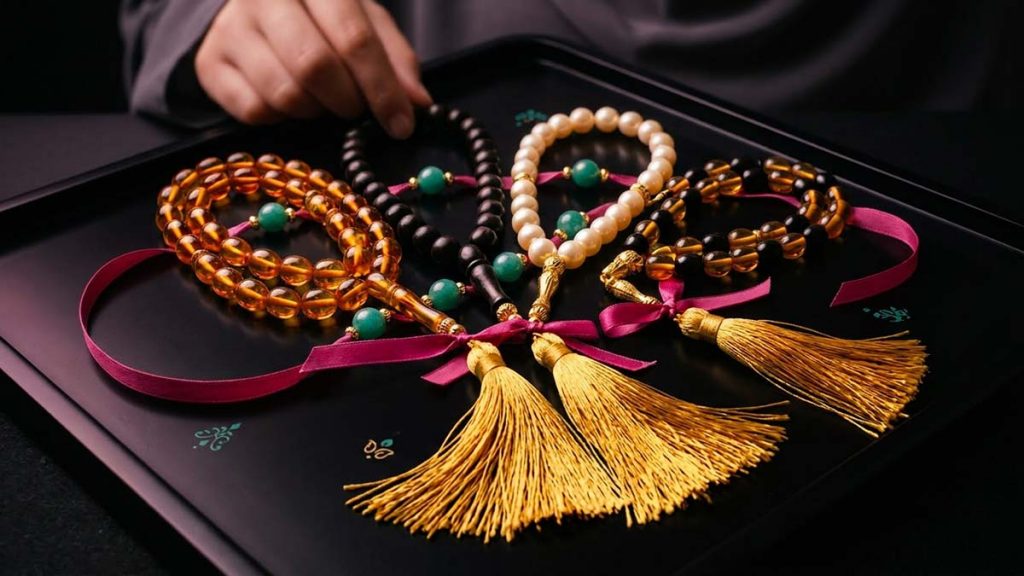 Close-up of Tasbih beads in amber, ebony, pearl and gemstone