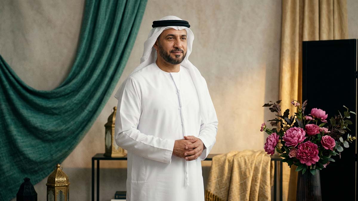 A Muslim man wearing a crisp white Thobe, traditional Muslim men's dress