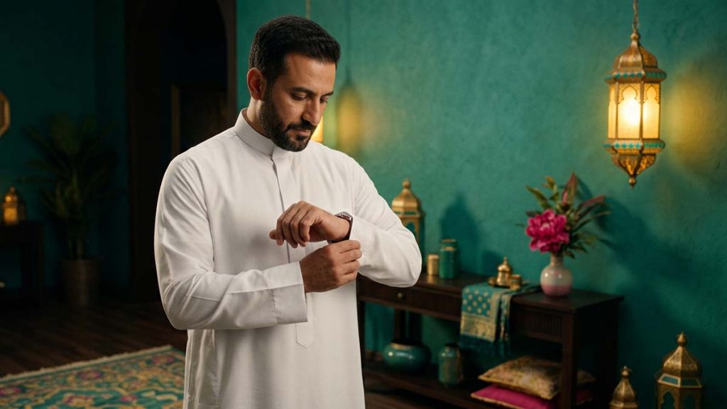 A Muslim man in a crisp white Thobe, clean lines shown