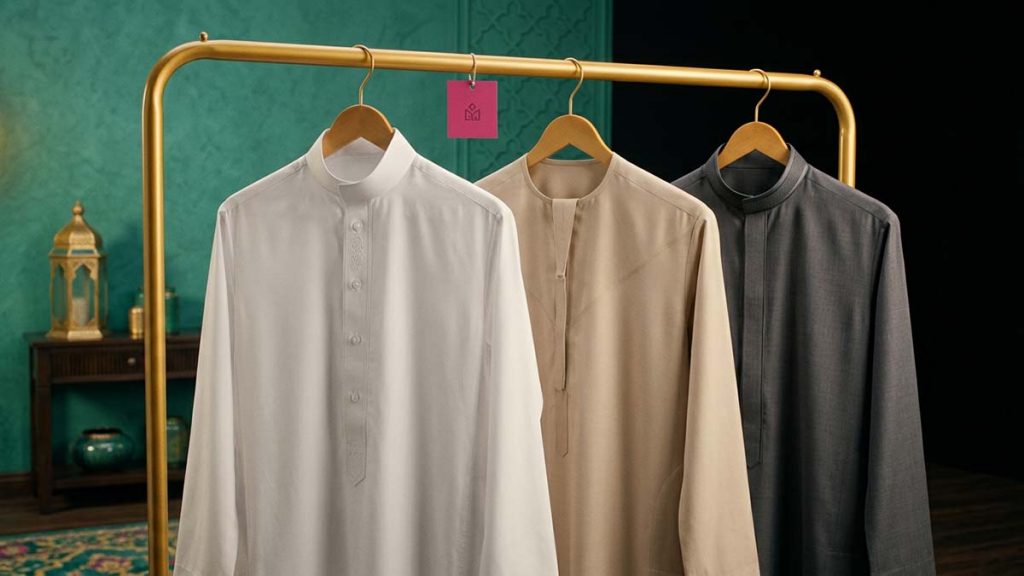 Three Thobe styles with different collars on a rail