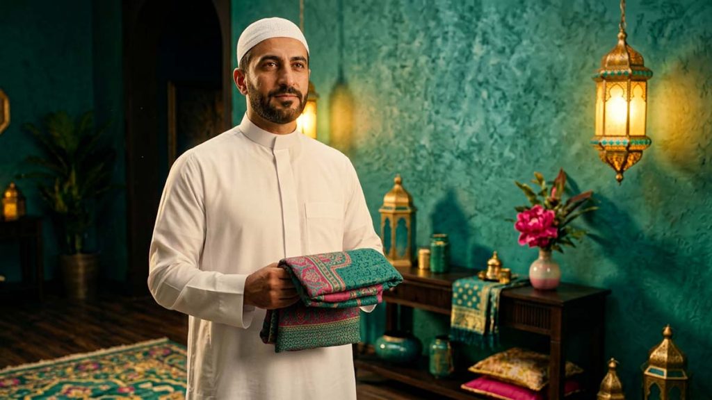 A Muslim man in a Thobe and kufi ready for Eid prayer