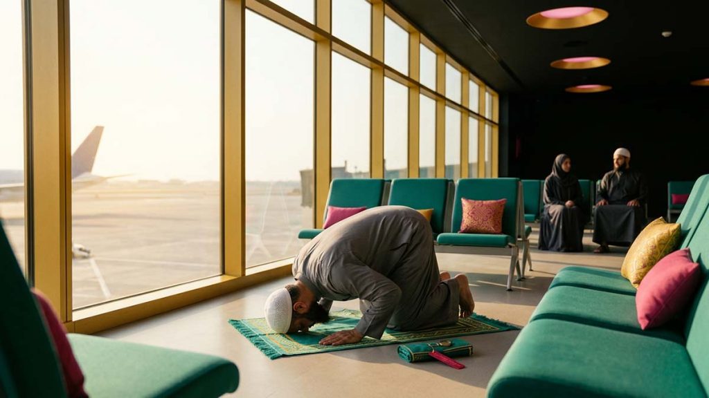 A Muslim man praying on a Muslim Essentials: Travel Prayer Mat