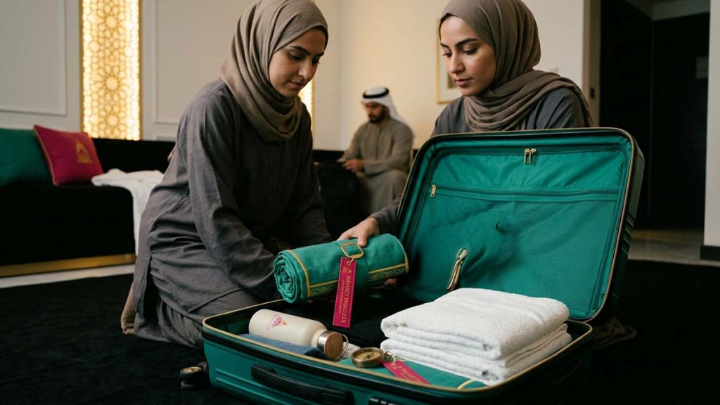 A Muslim traveller packing a Travel Prayer Mat for Hajj and journeys