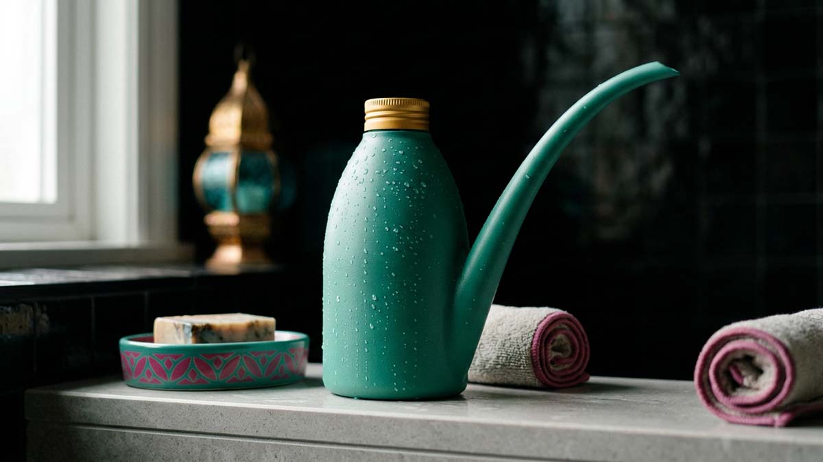A portable Wudu Bottle with a long spout, for ablution on the go
