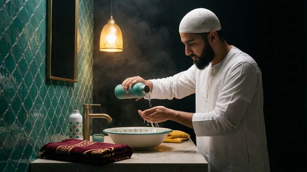 A Muslim man using a Wudu Bottle for ablution, purity before prayer