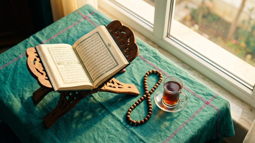 An open Quran and prayer beads by a window at dawn, illustrating daily morning and evening duas.