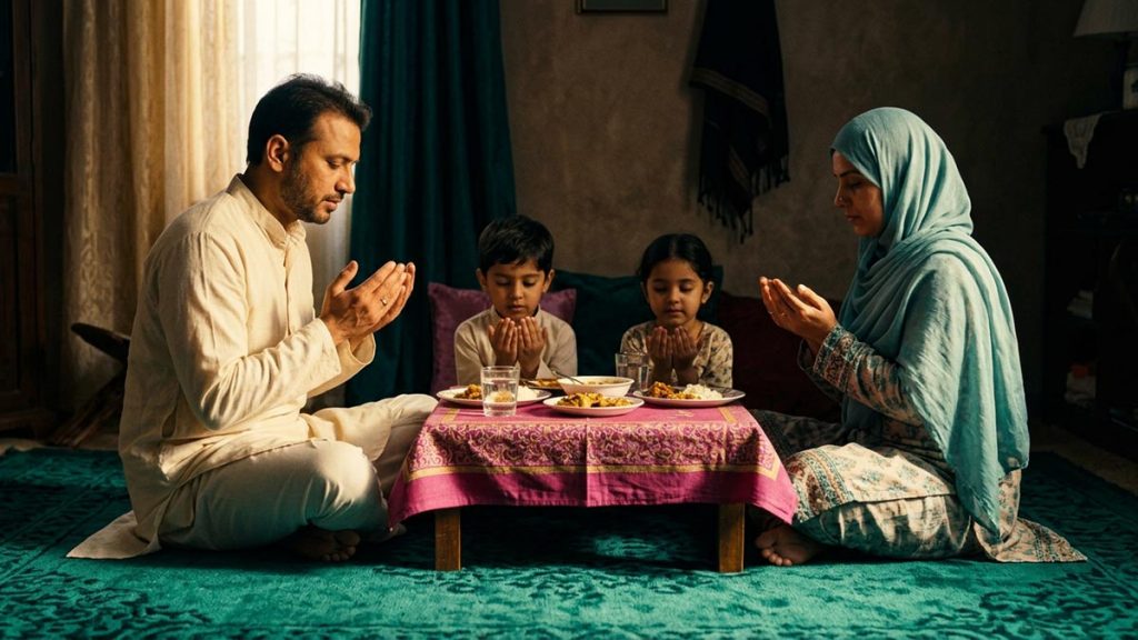 A Muslim family making dua before a meal, illustrating duas for family and provision.