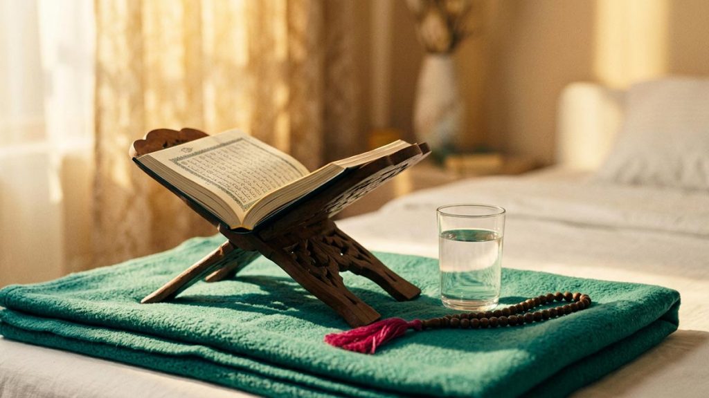 An open Quran, water, and prayer beads in a restful room, illustrating duas for health and healing.