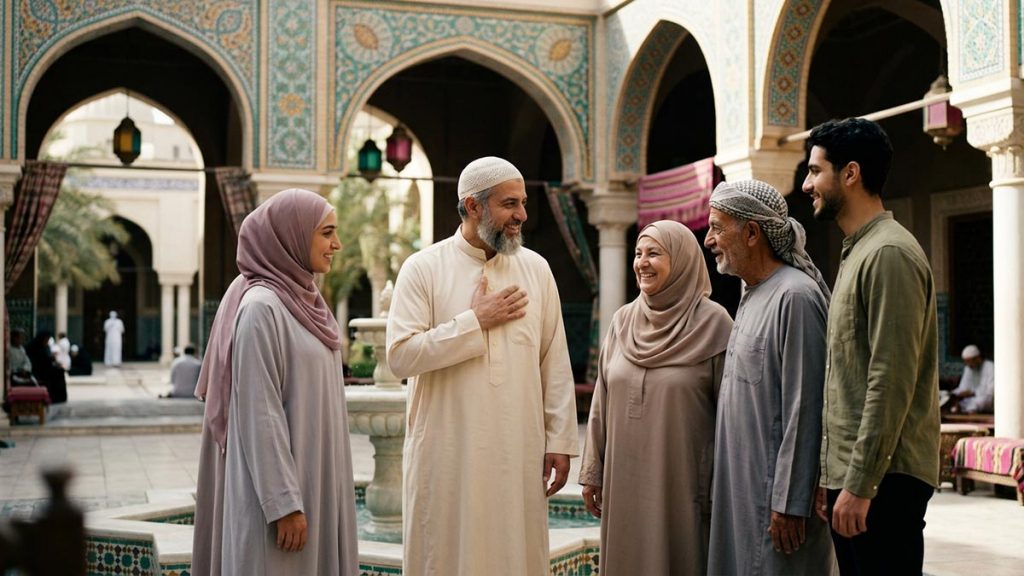 A small group of Muslims of different ages in warm conversation in a sunlit mosque courtyard, one with a hand resting over the heart mid-phrase, gentle smiles all round, illustrating Islamic Expressions.