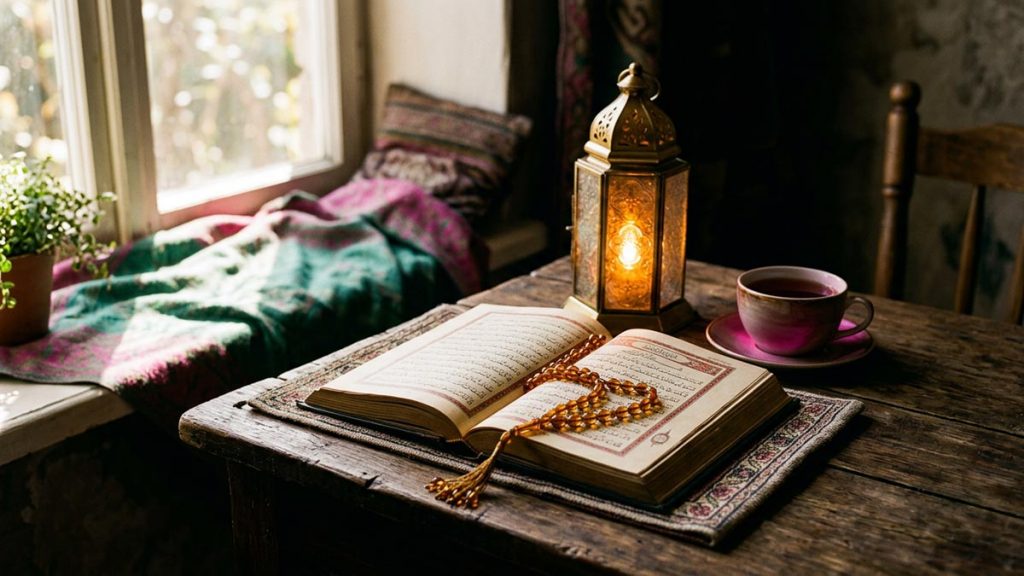 A close-up still life of prayer beads draped over an open Quran beside a glowing lantern and a cup of tea on a wooden table by a sunlit window, reflecting the daily Islamic Expressions.