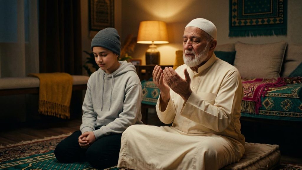 An elderly Muslim man raising cupped hands in heartfelt supplication for a young person seated beside him, both serene in a quiet, softly lit room, capturing the supplications among Islamic Expressions.