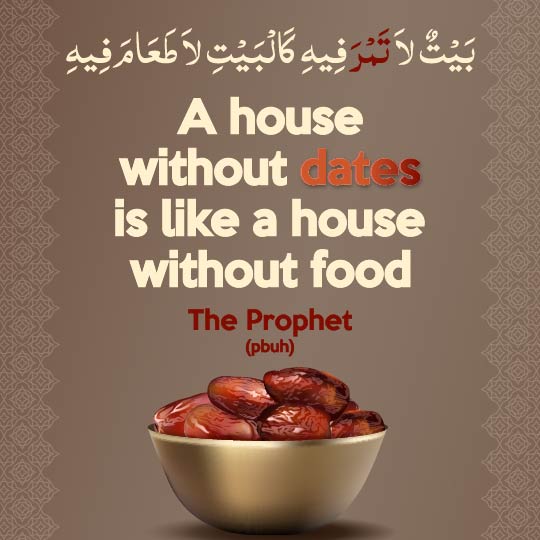 Islamic quote on Dates in Islam with Arabic text and a golden bowl of dates