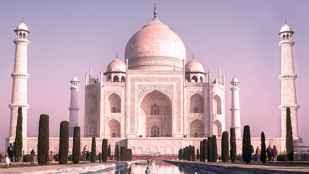 Magnificent white marble mausoleum at sunset.