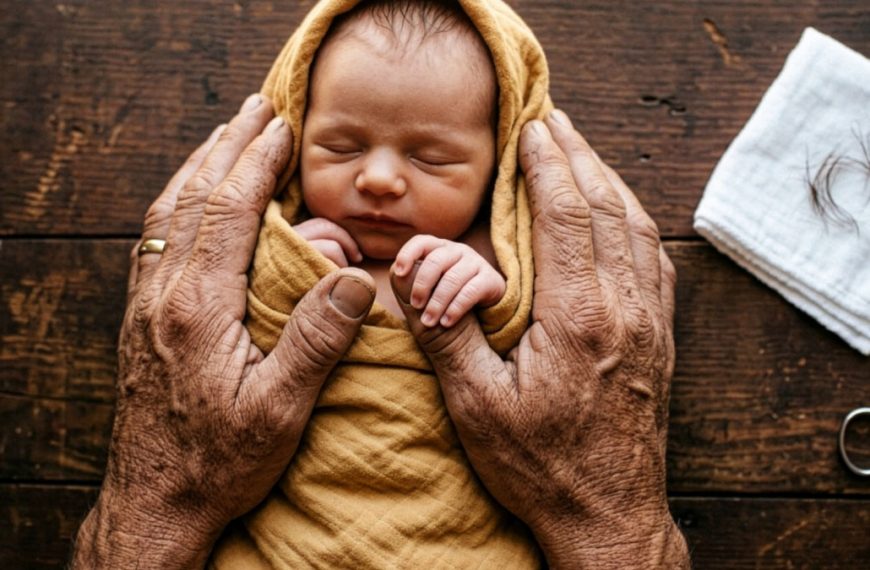 Newborn cradled in elderly hands.