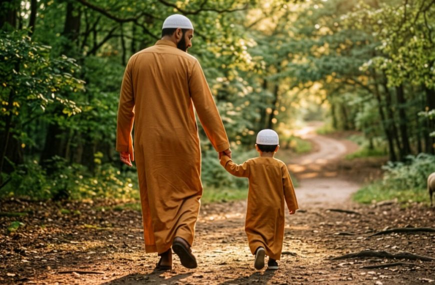 Father and son walking in nature.