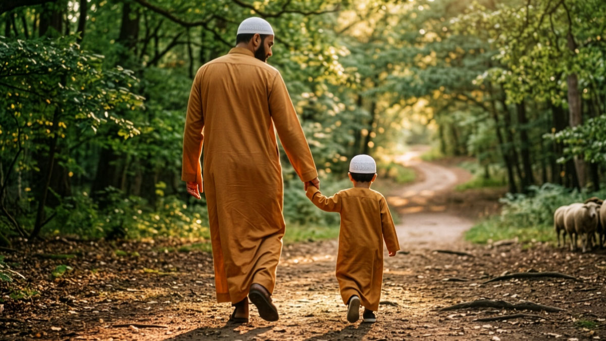 Father and son walking in nature.