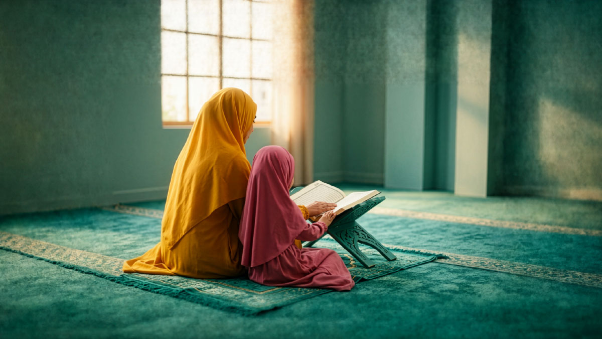 Muslim woman and daughter reading Surah Al-Fatihah in the Quran
