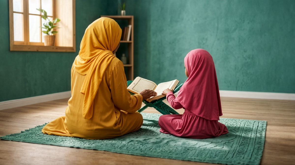 Muslim woman and daughter reading Surah Al-Furqan in the Quran