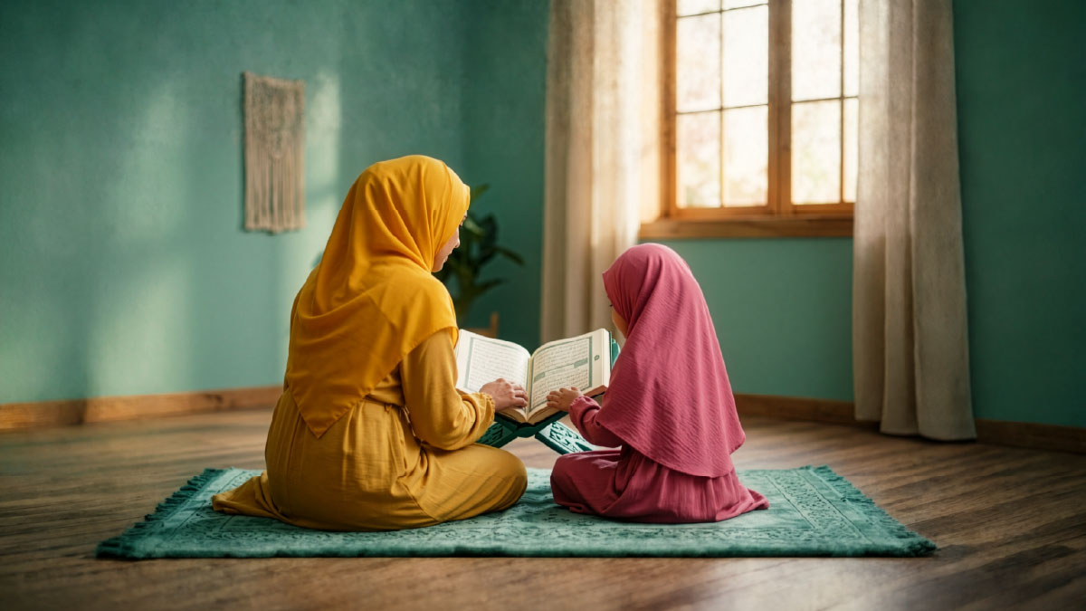 Muslim woman and daughter reading Surah Al-Ghashiyah in the Quran