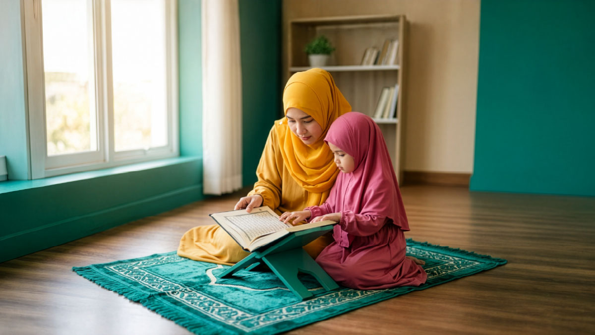 Muslim woman and daughter reading Surah Al-Ikhlas in the Quran