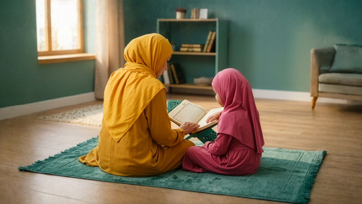 Muslim woman and daughter reading Surah Al-Ma'arij in the Quran