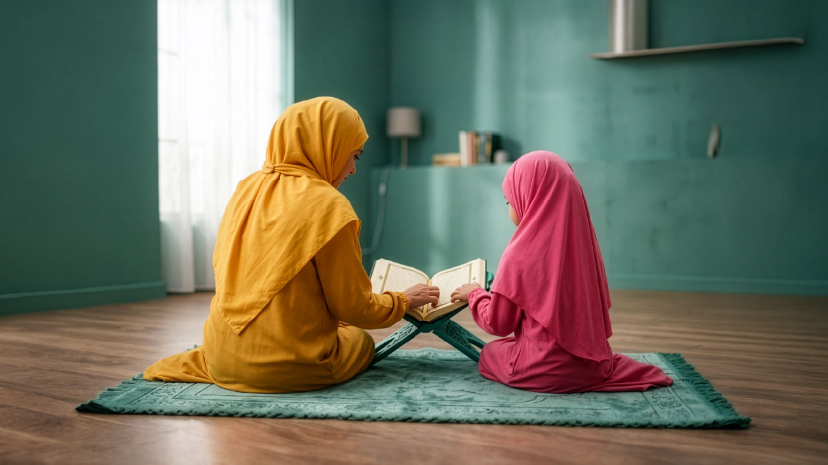 Muslim woman and daughter reading Surah An-Nahl in the Quran