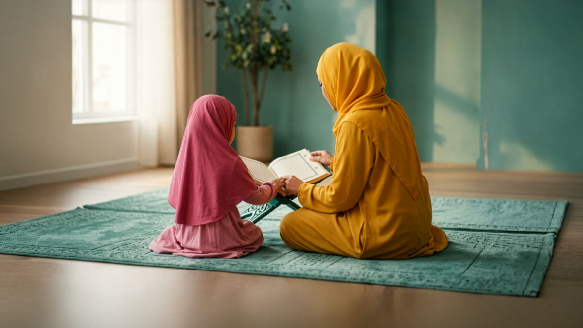 Muslim woman and daughter reading Surah As-Saffat in the Quran