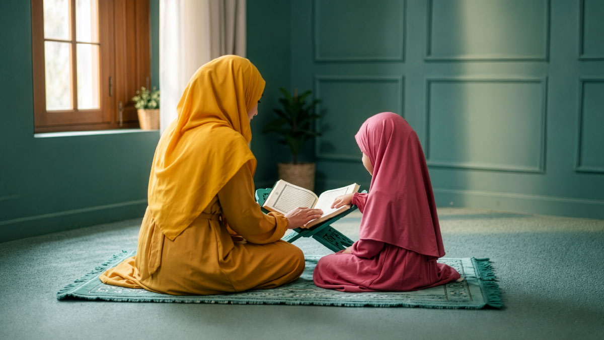 Muslim woman and daughter reading Surah Ash-Shams in the Quran