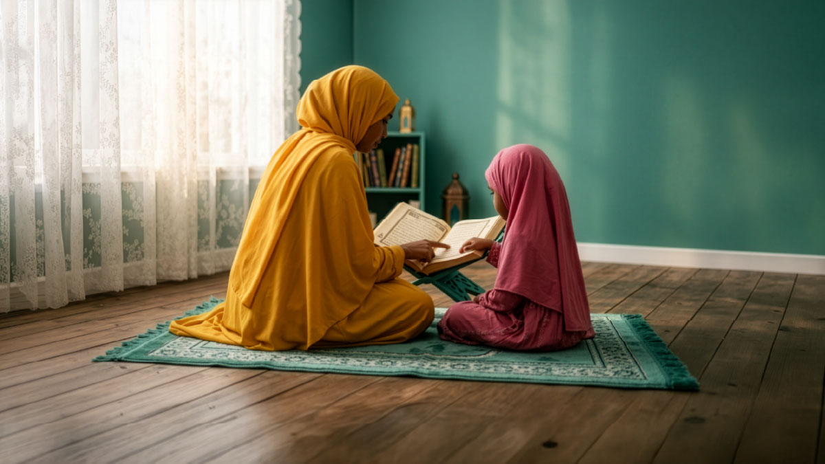 Muslim woman and daughter reading Surah Quraysh in the Quran
