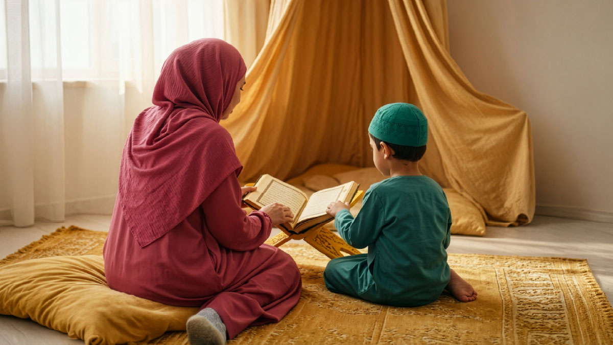 Muslim woman and son reading Surah Al-Anfal in the Quran