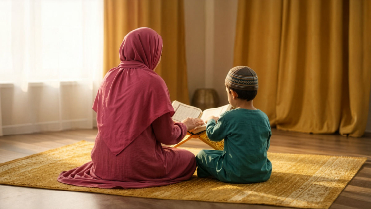 Muslim woman and son reading Surah Al-Fajr in the Quran