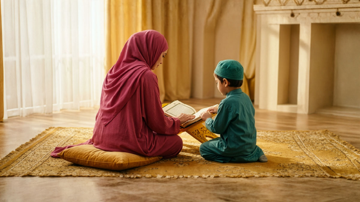 Muslim woman and son reading Surah Al-Falaq in the Quran