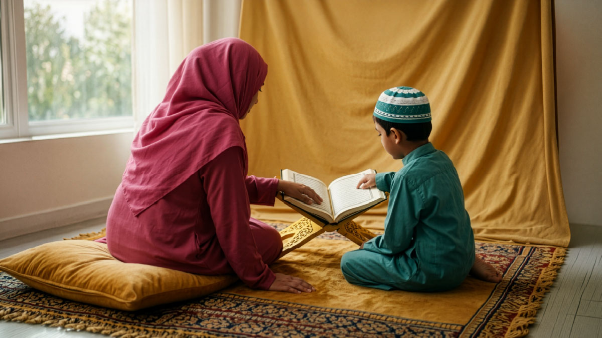 Muslim woman and son reading Surah Al-Humazah in the Quran