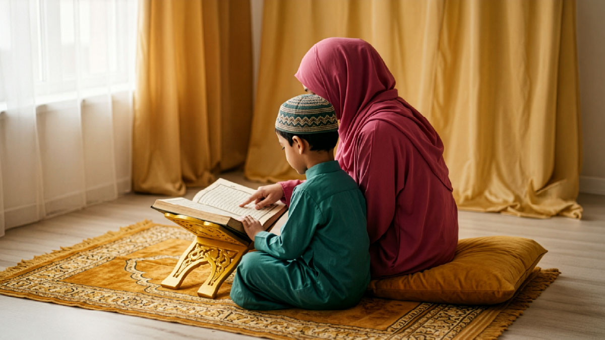 Muslim woman and son reading Surah Al-Muddaththir in the Quran