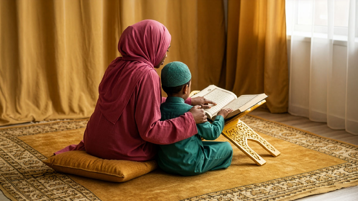 Muslim woman and son reading Surah Al-Mu'minun in the Quran