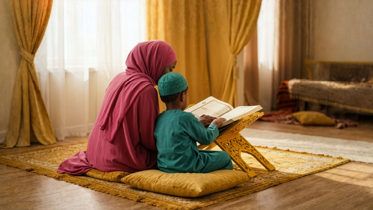 Muslim woman and son reading Surah Al-Qalam in the Quran
