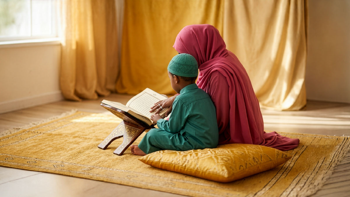 Muslim woman and son reading Surah Ash-Shu'ara in the Quran
