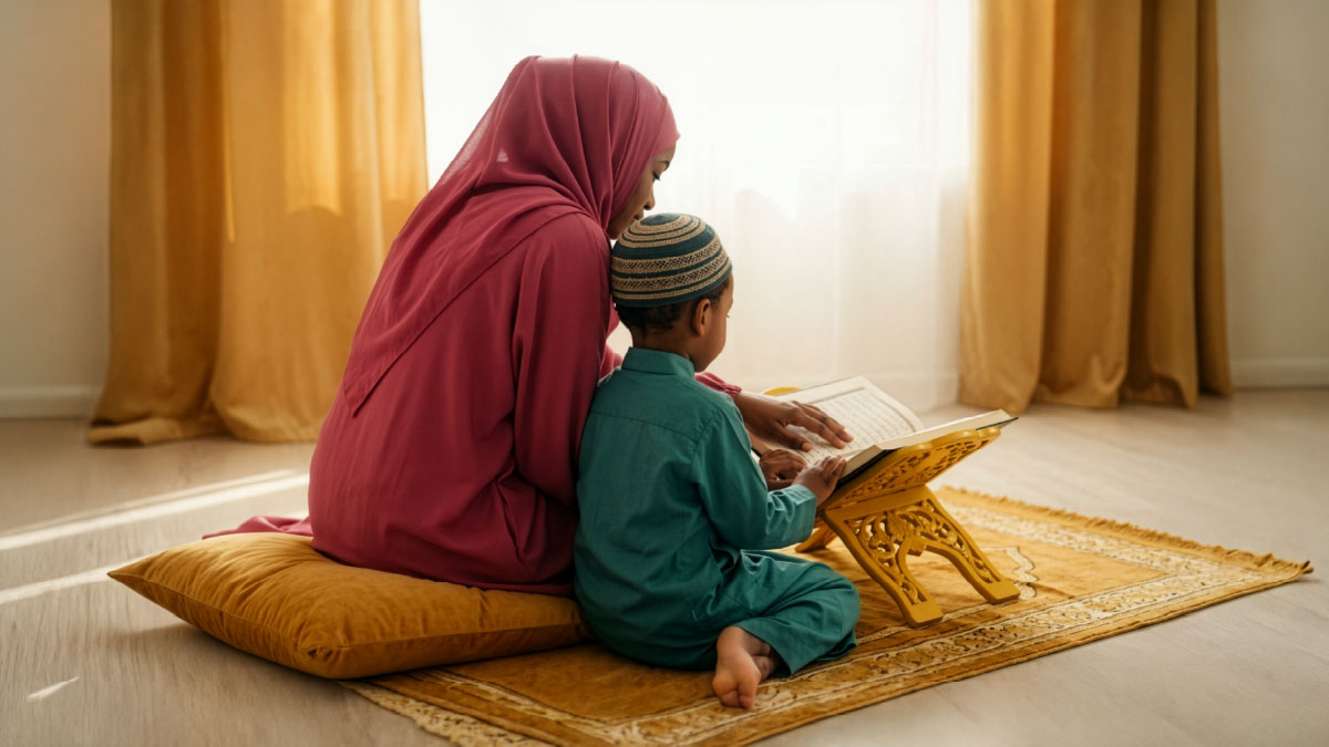 Muslim woman and son reading Surah Nuh in the Quran