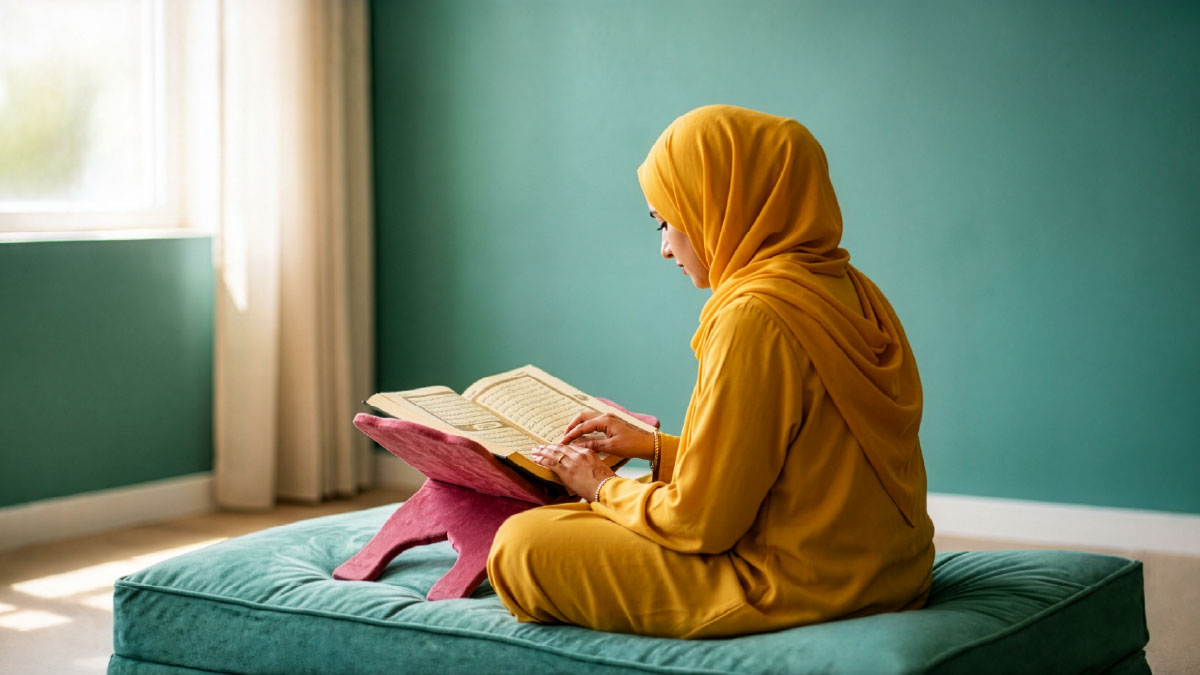 Muslim woman reading Surah Al-Anbiya in the Quran