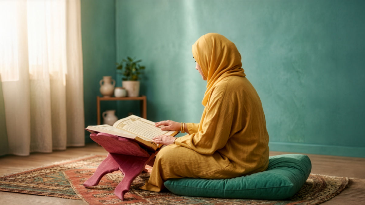 Muslim woman reading Surah Al-Balad in the Quran
