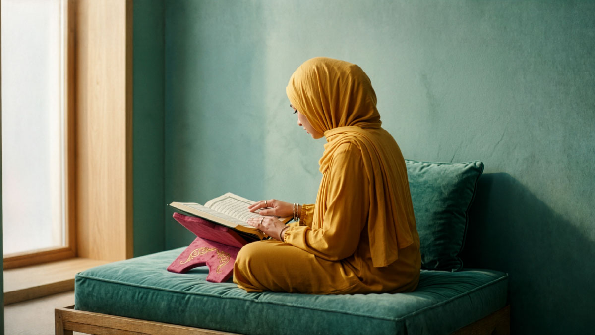 Muslim woman reading Surah Al-Hijr in the Quran