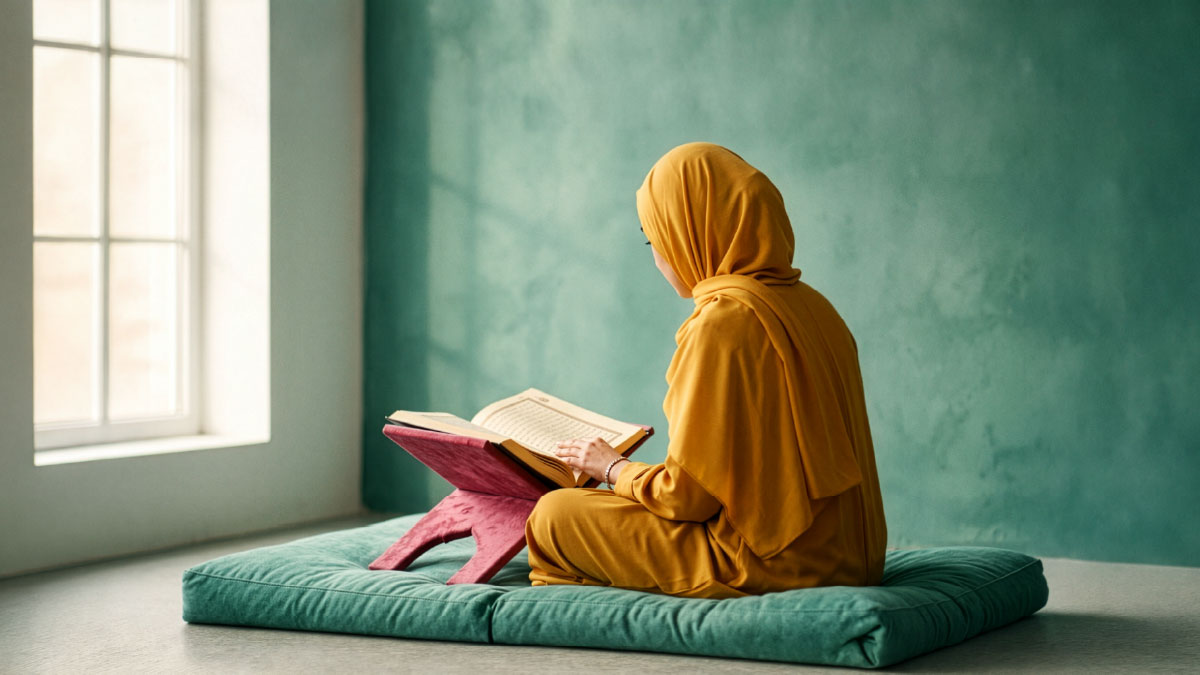 Muslim woman reading Surah Ali 'Imran in the Quran