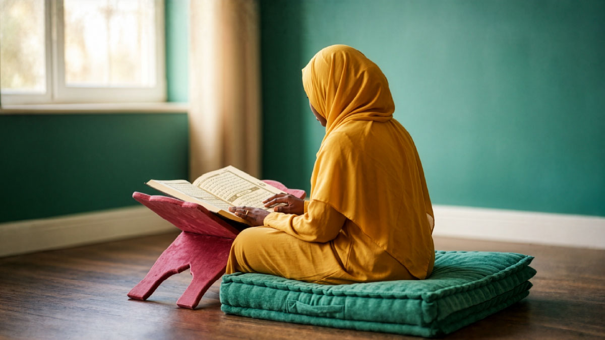 Muslim woman reading Surah An-Noor in the Quran
