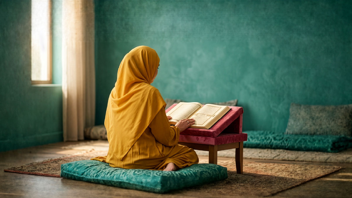 Muslim woman reading Surah At-Takathur in the Quran