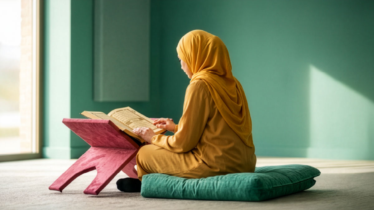 Muslim woman reading Surah At-Tawbah in the Quran