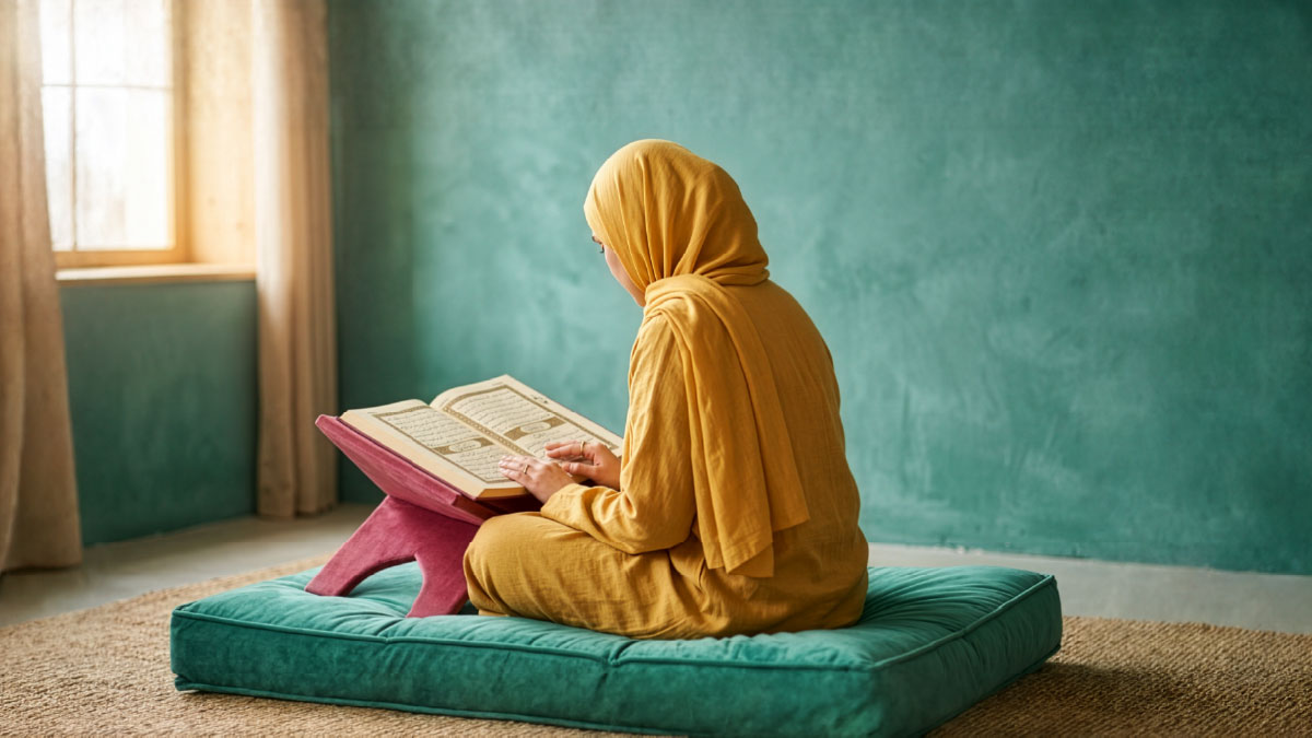 Muslim woman reading Surah Yusuf in the Quran